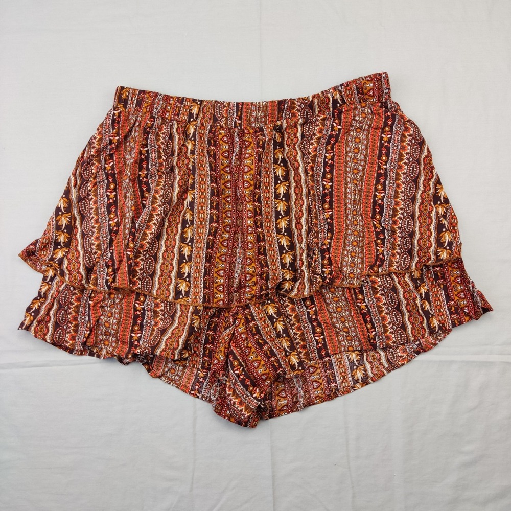 Shein Skort Womens 1XL Orange Boho‎ Paisley Tiered Ruffle Skirt Look Shorts